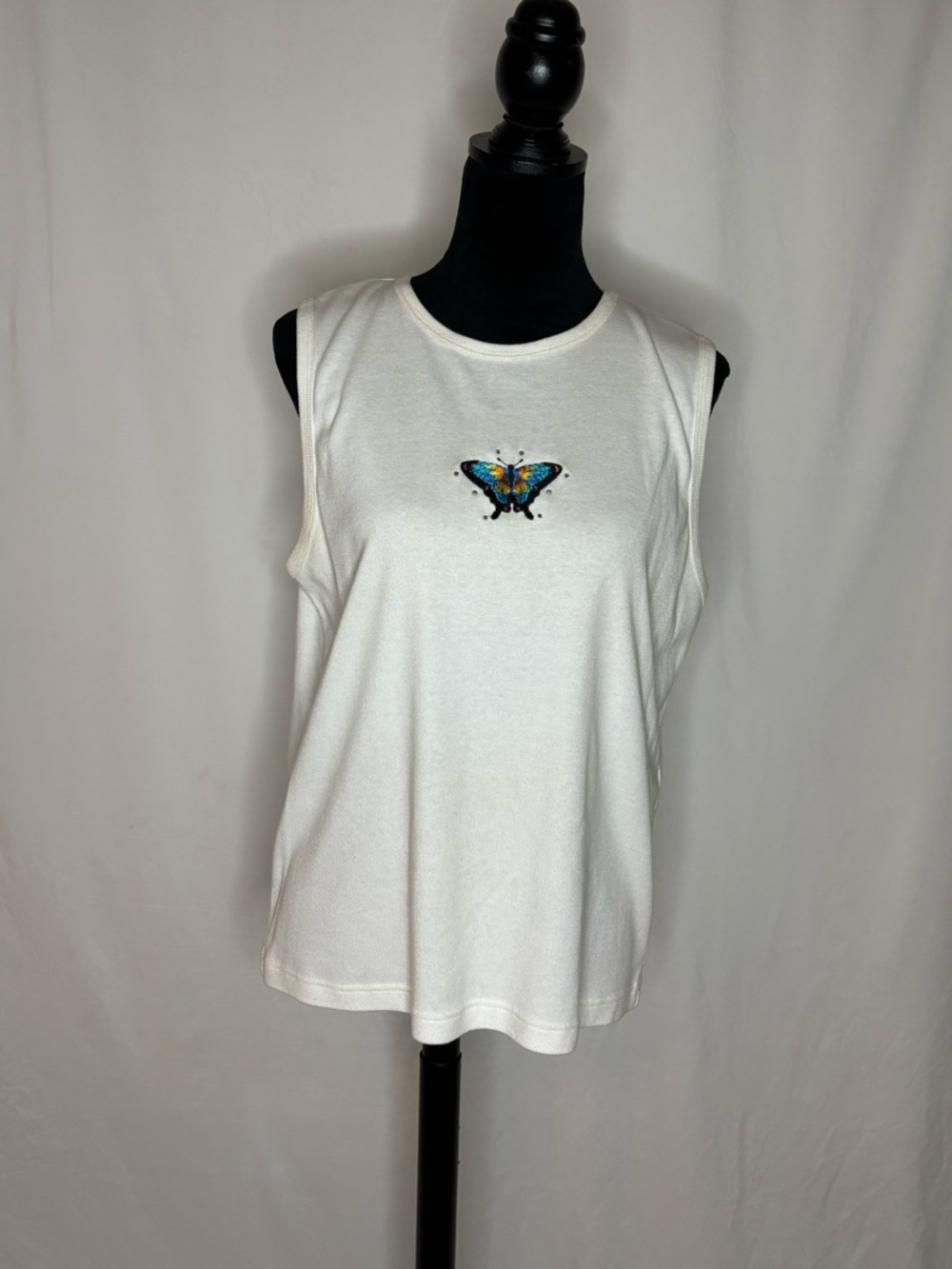 White Sleeveless Tank with Embroidered Blue Butterfly
